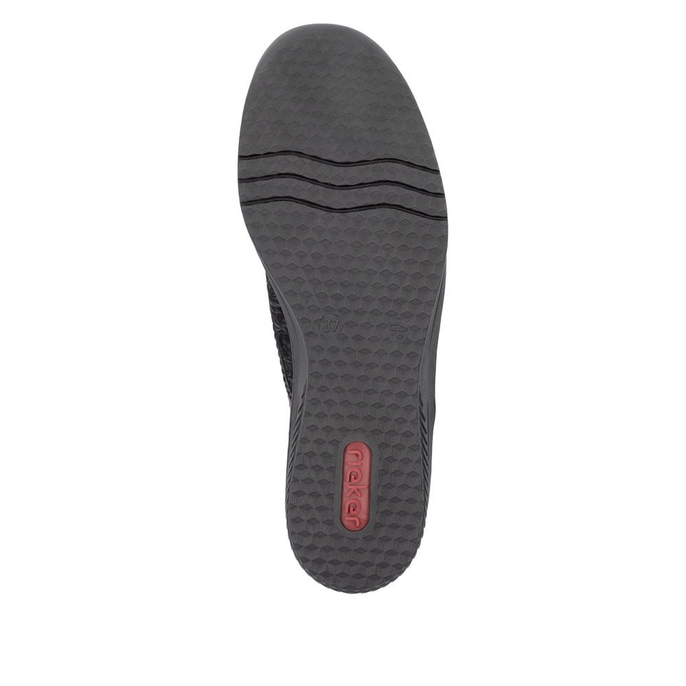 Rieker 487C0-00 Ladies Soft Velcro Patent Trim Low Wedge Shoe.
