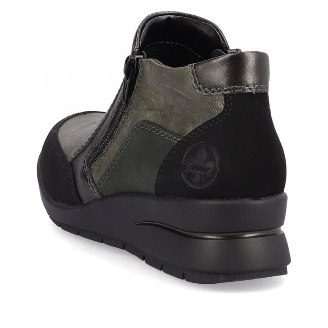 Rieker L4851-52 Ladies Black/Green Zip Ankle Boot