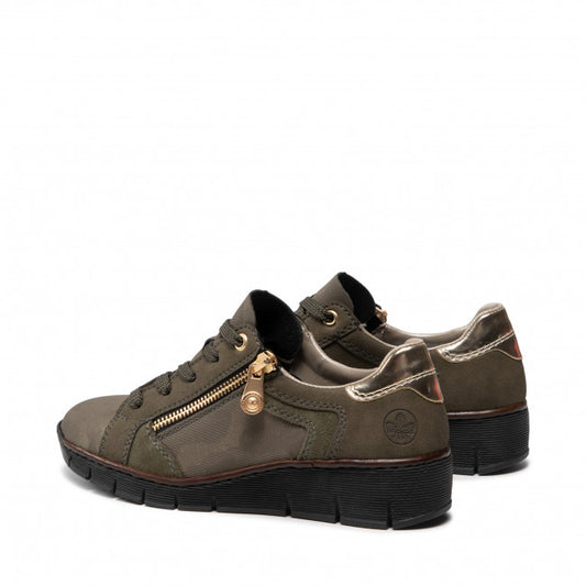 Rieker Ladies Khaki Green Lace Up Low Wedge Trainers 53703-54