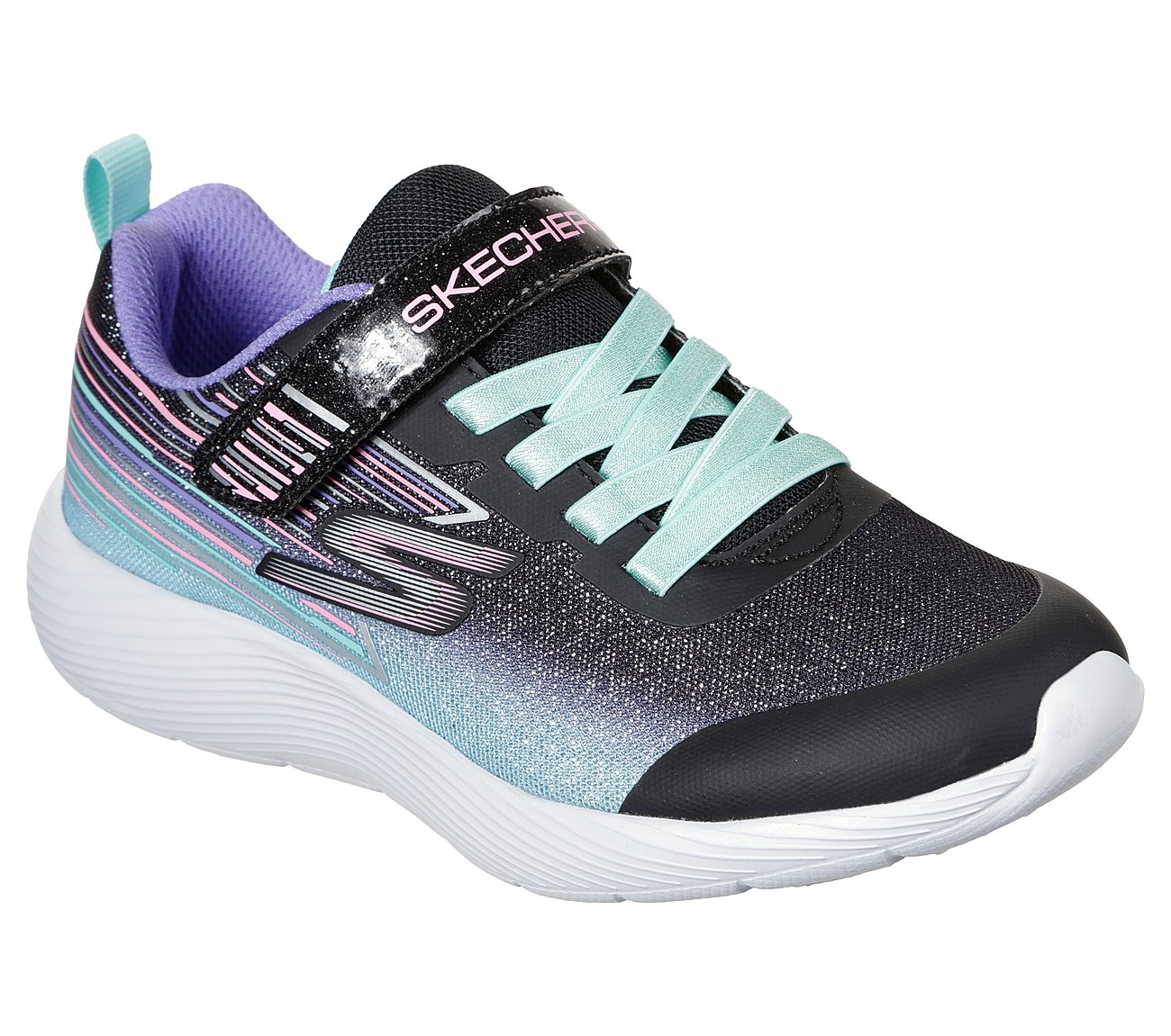 Skechers Kids Dyna Lite Shimmer Streaks Black Multicoloured Girls Trai Chequers Shoes