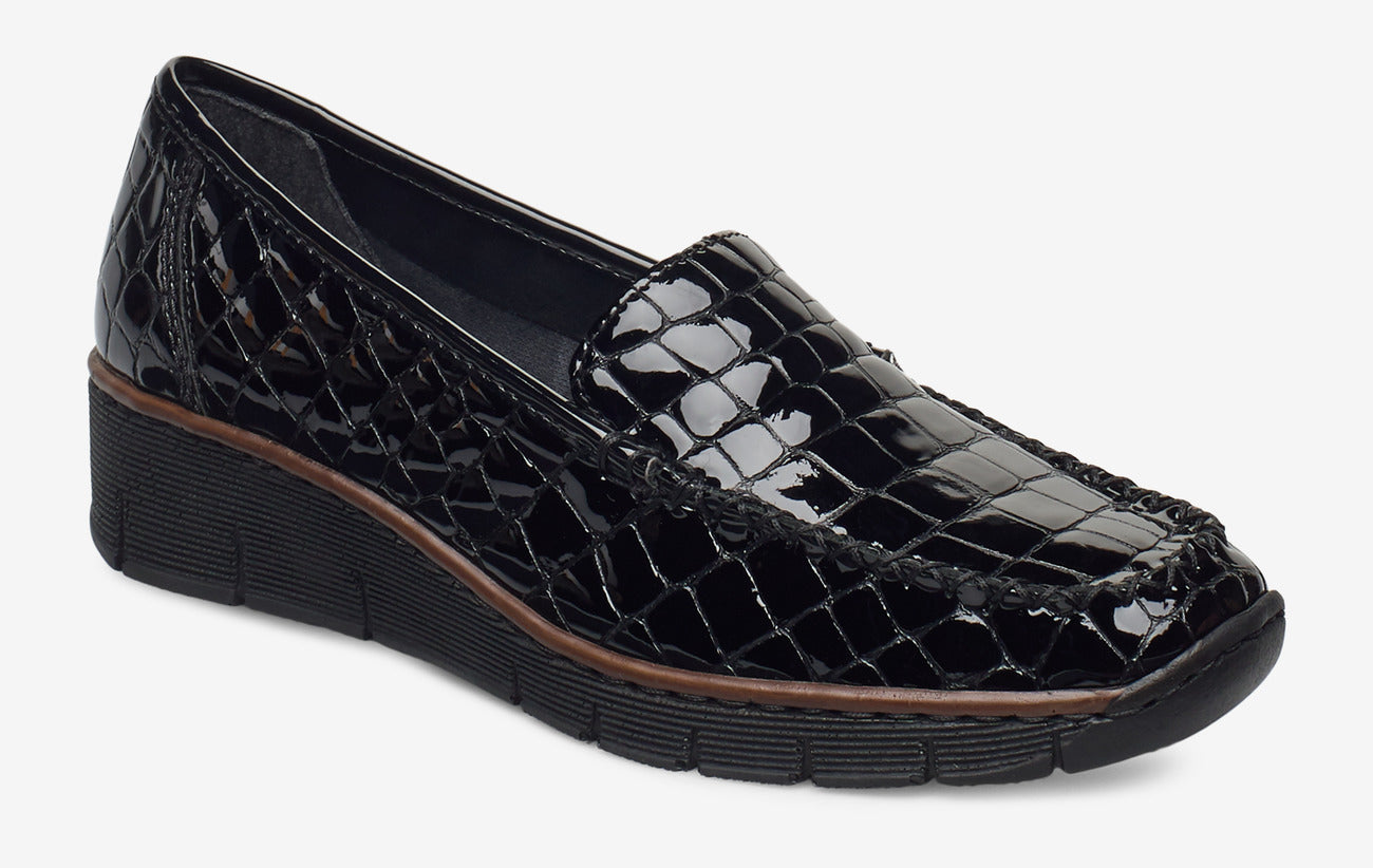 Rieker Ladies Slip On Black Patent Loafers 537Q0-00
