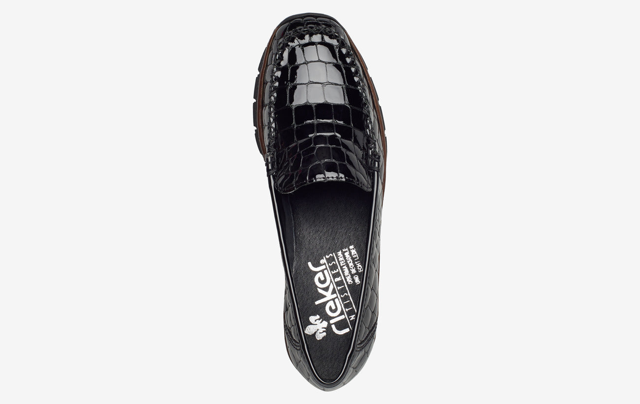 Rieker Ladies Slip On Black Patent Loafers 537Q0-00