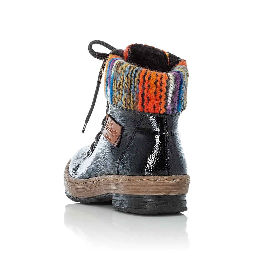 Rieker Ladies Black Patent With Multi-Coloured Faux Fur Lining Z6743-02