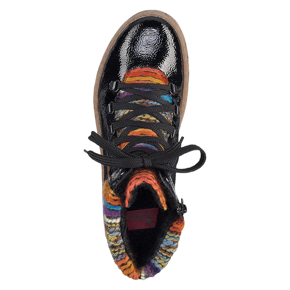 Rieker Ladies Black Patent With Multi-Coloured Faux Fur Lining Z6743-02