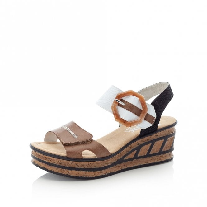 Rieker Ladies Beige Combination Slip-On Wedge Heels 68176-64