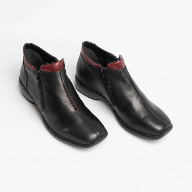 Rieker L3882-00 Ladies Zip Ankle Boot Black/Burg