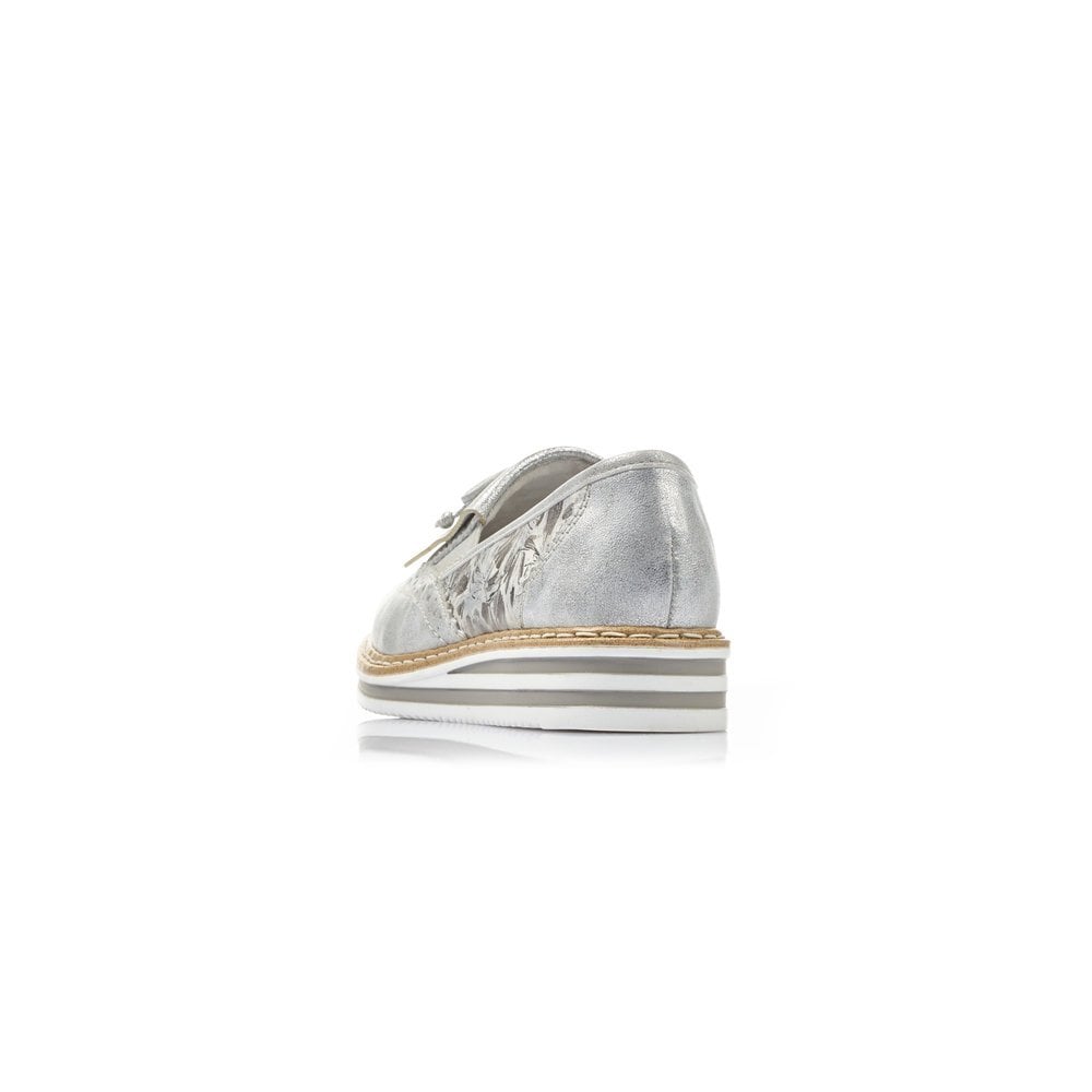 Rieker Ladies Slip On Leather Silver Metallic Loafers N0273-80