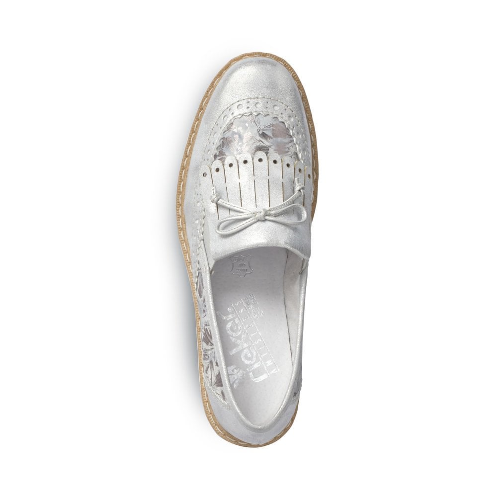 Rieker Ladies Slip On Leather Silver Metallic Loafers N0273-80