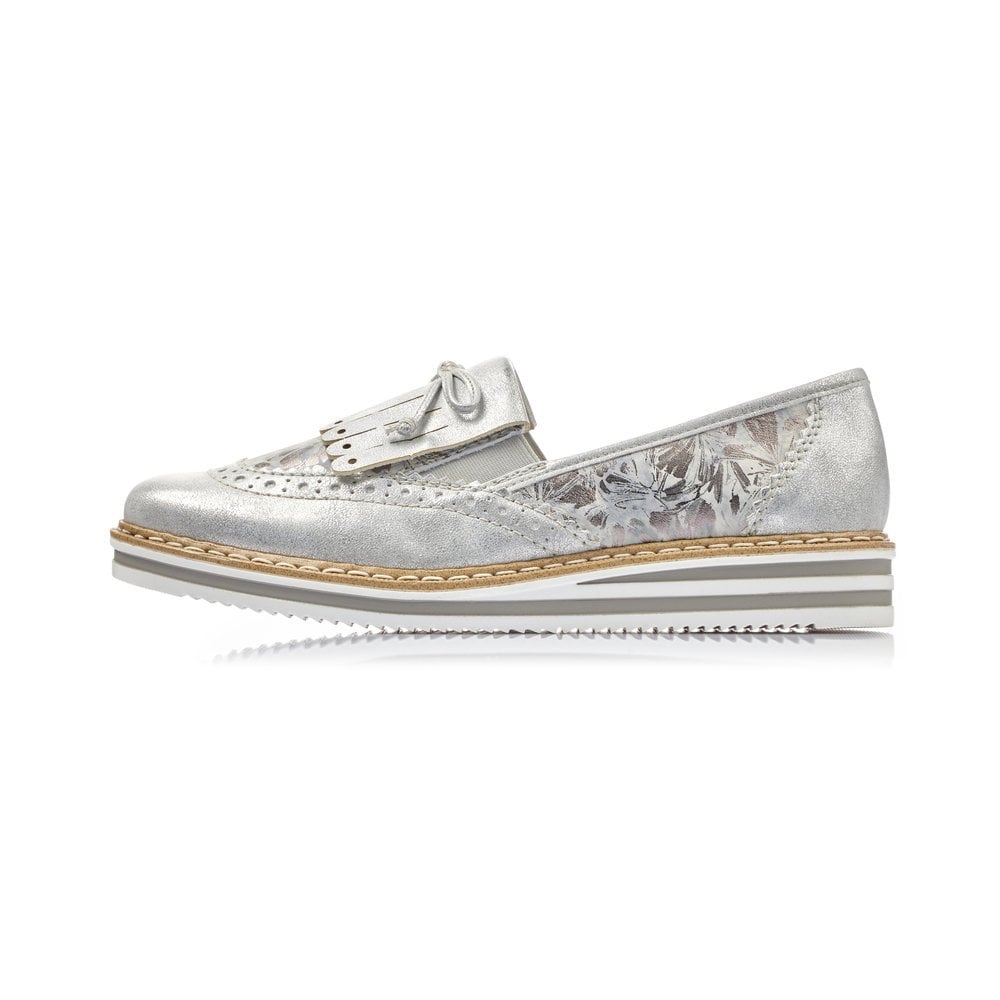 Rieker Ladies Slip On Leather Silver Metallic Loafers N0273-80