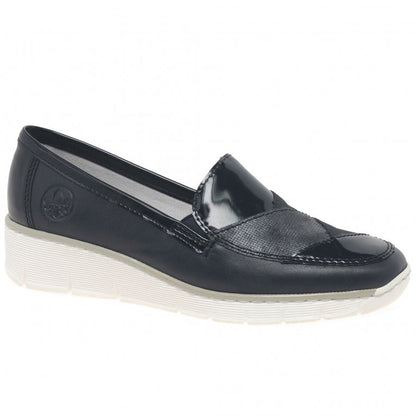 Rieker 53785-14 Ladies Navy Low Heeled Wedge Slip On Shoe