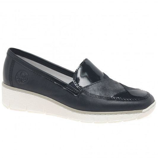 Rieker 53785-14 Ladies Navy Low Heeled Wedge Slip On Shoe