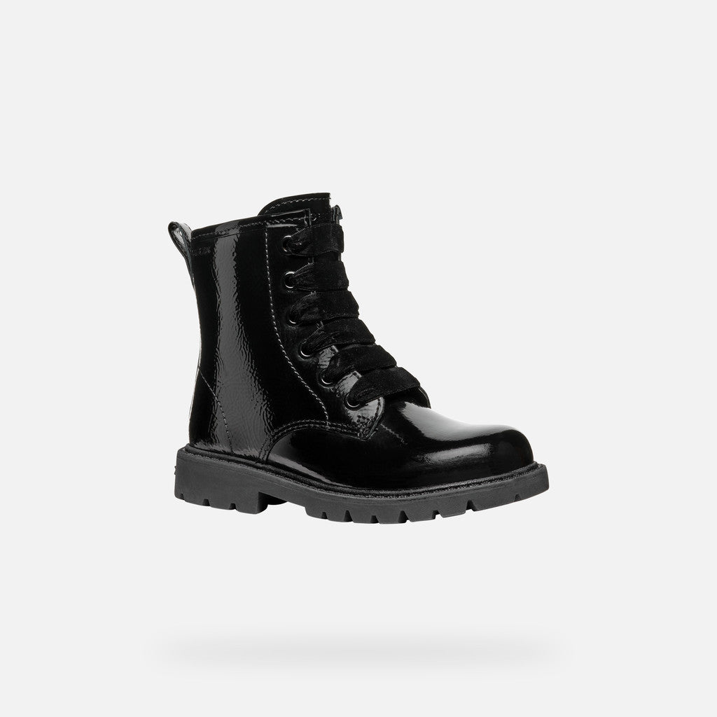 Geox J46EXA J Shaylax Black Patent Lace Boot