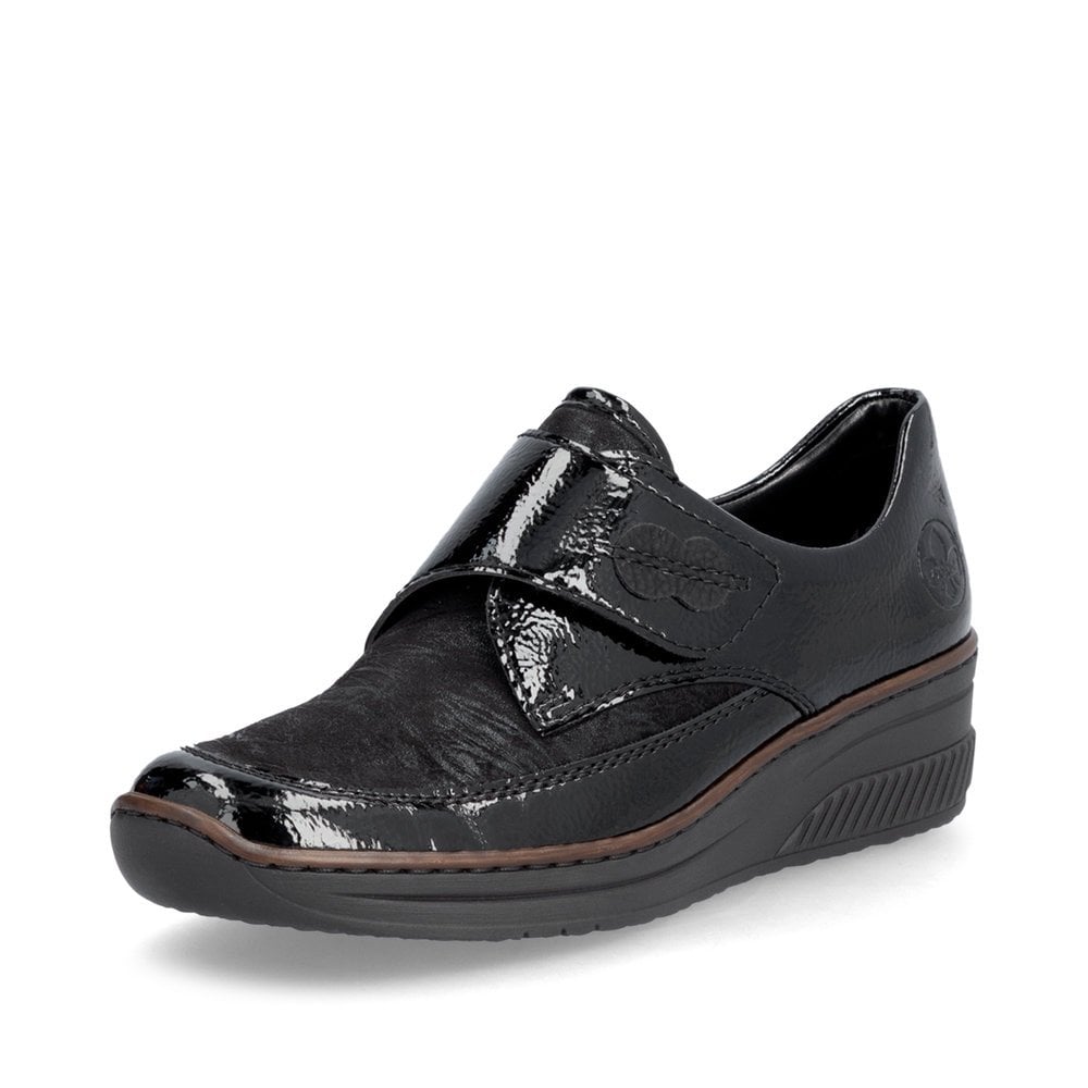 Rieker 487C0-00 Ladies Soft Velcro Patent Trim Low Wedge Shoe.