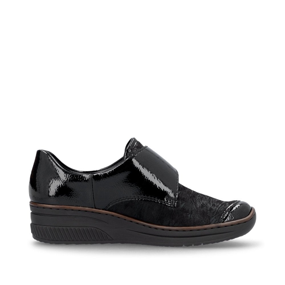 Rieker 487C0-00 Ladies Soft Velcro Patent Trim Low Wedge Shoe.