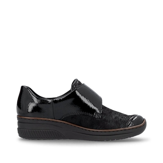Rieker 487C0-00 Ladies Soft Velcro Patent Trim Low Wedge Shoe.