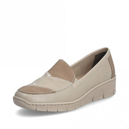 Rieker 53785-60 Ladies Beige Low Heeled Wedge Slip On Shoe