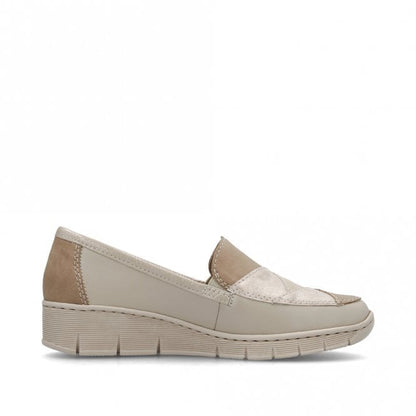 Rieker 53785-60 Ladies Beige Low Heeled Wedge Slip On Shoe