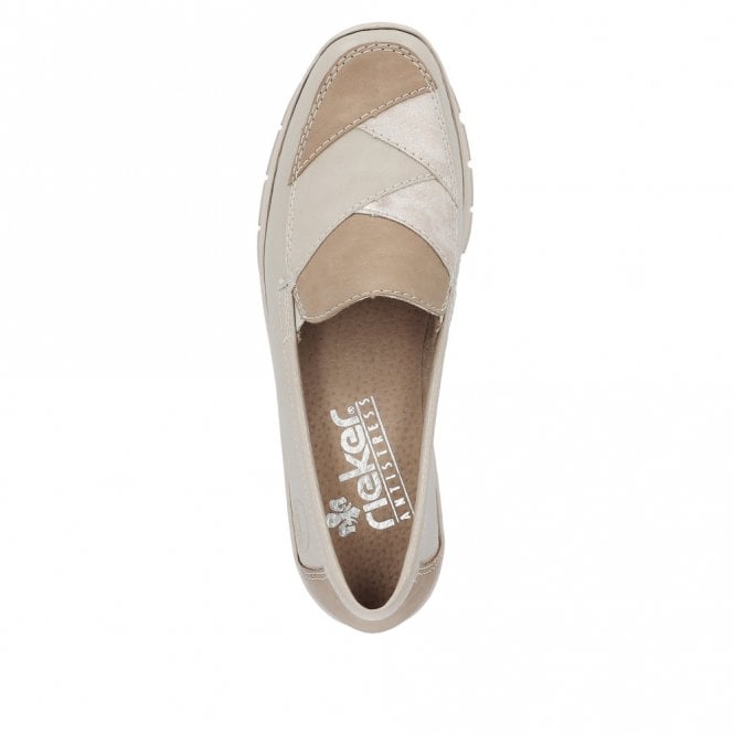 Rieker 53785-60 Ladies Beige Low Heeled Wedge Slip On Shoe