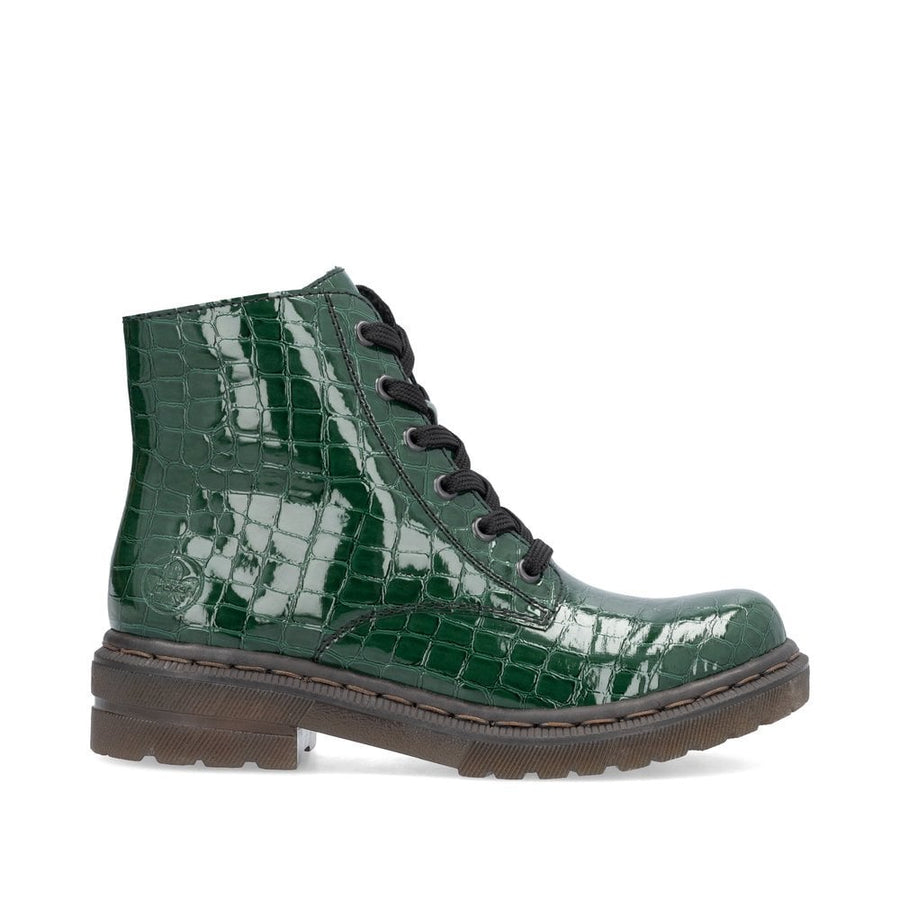Rieker 78240-54 Ladies Patent Green Lace Up Boot.