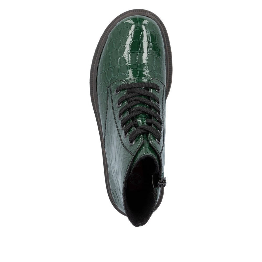 Rieker 78240-54 Ladies Patent Green Lace Up Boot.