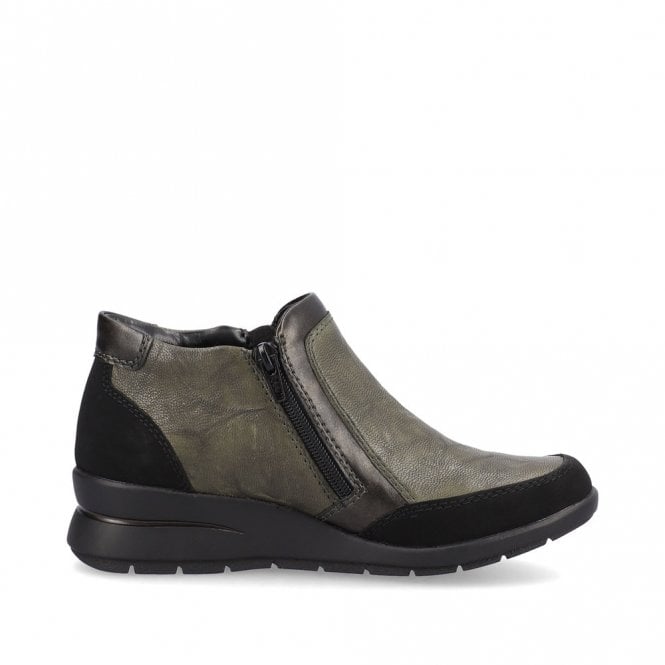 Rieker L4851-52 Ladies Black/Green Zip Ankle Boot