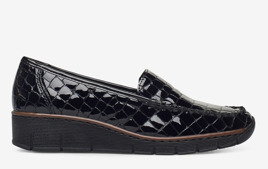 Rieker Ladies Slip On Black Patent Loafers 537Q0-00