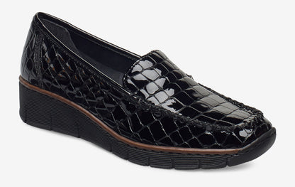 Rieker Ladies Slip On Black Patent Loafers 537Q0-00