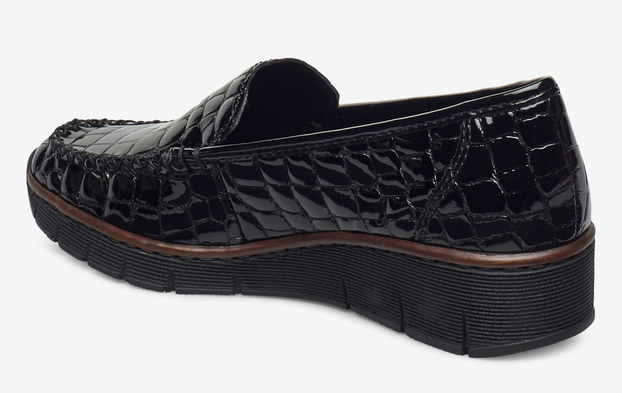 Rieker Ladies Slip On Black Patent Loafers 537Q0-00