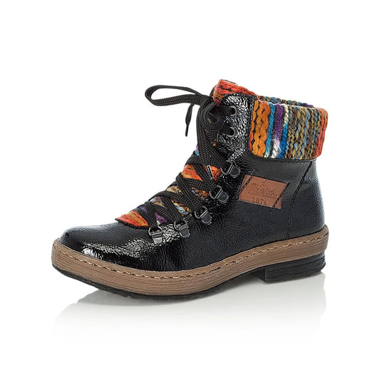 Rieker Ladies Black Patent With Multi-Coloured Faux Fur Lining Z6743-02