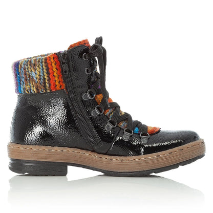Rieker Ladies Black Patent With Multi-Coloured Faux Fur Lining Z6743-02