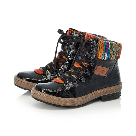 Rieker Ladies Black Patent With Multi-Coloured Faux Fur Lining Z6743-02