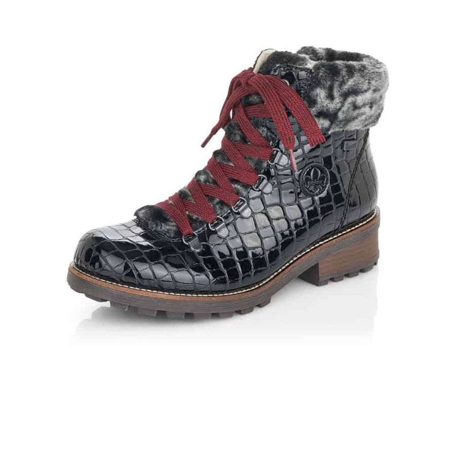 Rieker Ladies Black Ankle Boots With Faux Fur Collar Z0434-00