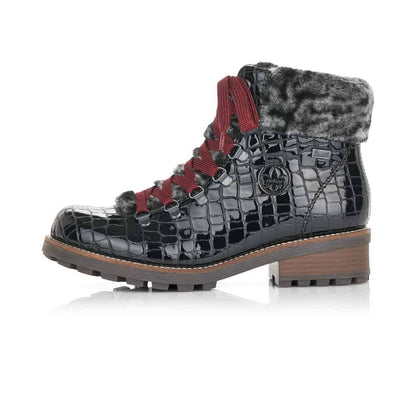 Rieker Ladies Black Ankle Boots With Faux Fur Collar Z0434-00