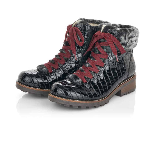 Rieker Ladies Black Ankle Boots With Faux Fur Collar Z0434-00