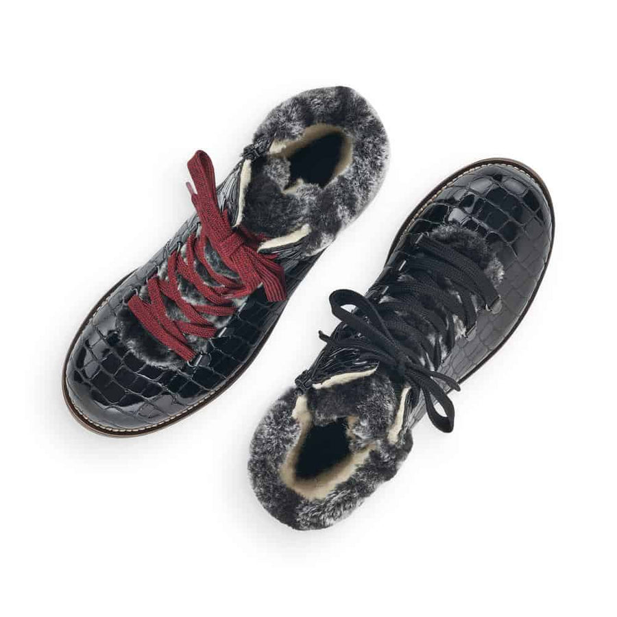 Rieker Ladies Black Ankle Boots With Faux Fur Collar Z0434-00