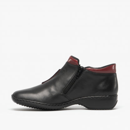 Rieker L3882-00 Ladies Zip Ankle Boot Black/Burg