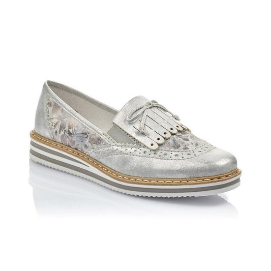 Rieker Ladies Slip On Leather Silver Metallic Loafers N0273-80