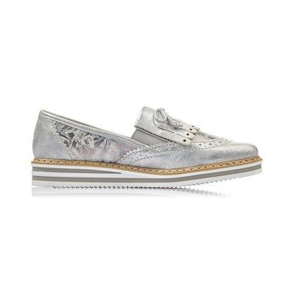 Rieker Ladies Slip On Leather Silver Metallic Loafers N0273-80