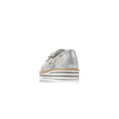 Rieker Ladies Slip On Leather Silver Metallic Loafers N0273-80