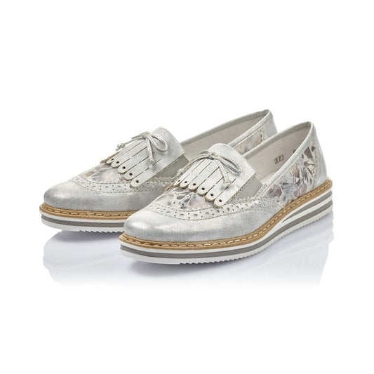 Rieker Ladies Slip On Leather Silver Metallic Loafers N0273-80