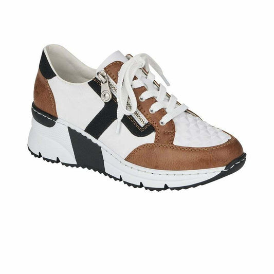 Rieker Ladies White & Brown Combination Trainers N6303-64